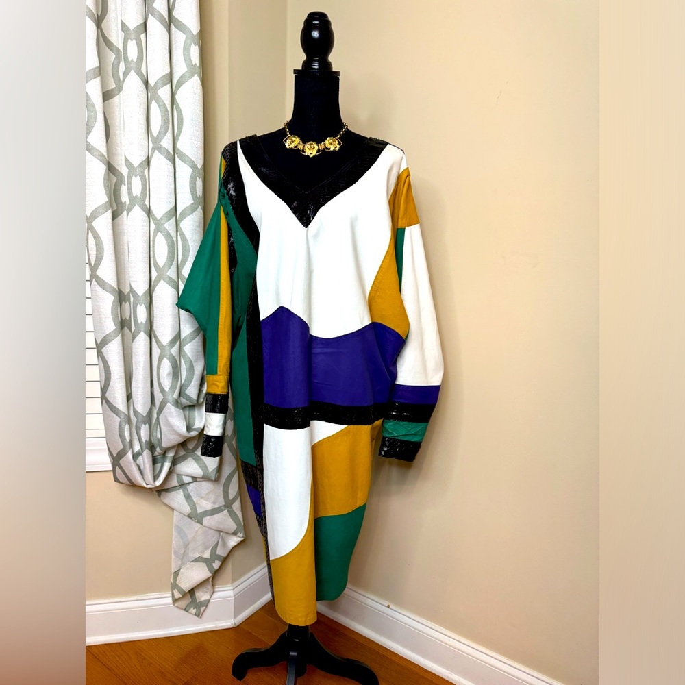 Vintage EREZ Colorblock Leather, Suede, and Snakeskin Trimmed Dress